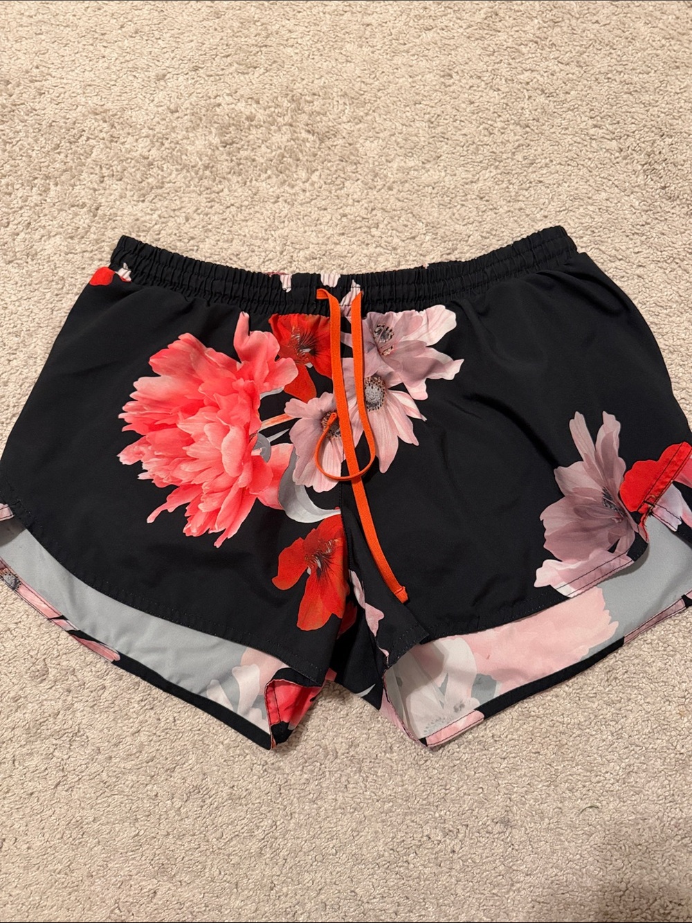 Old Navy Black Floral Athletic Shorts with Pink & Red Blooms